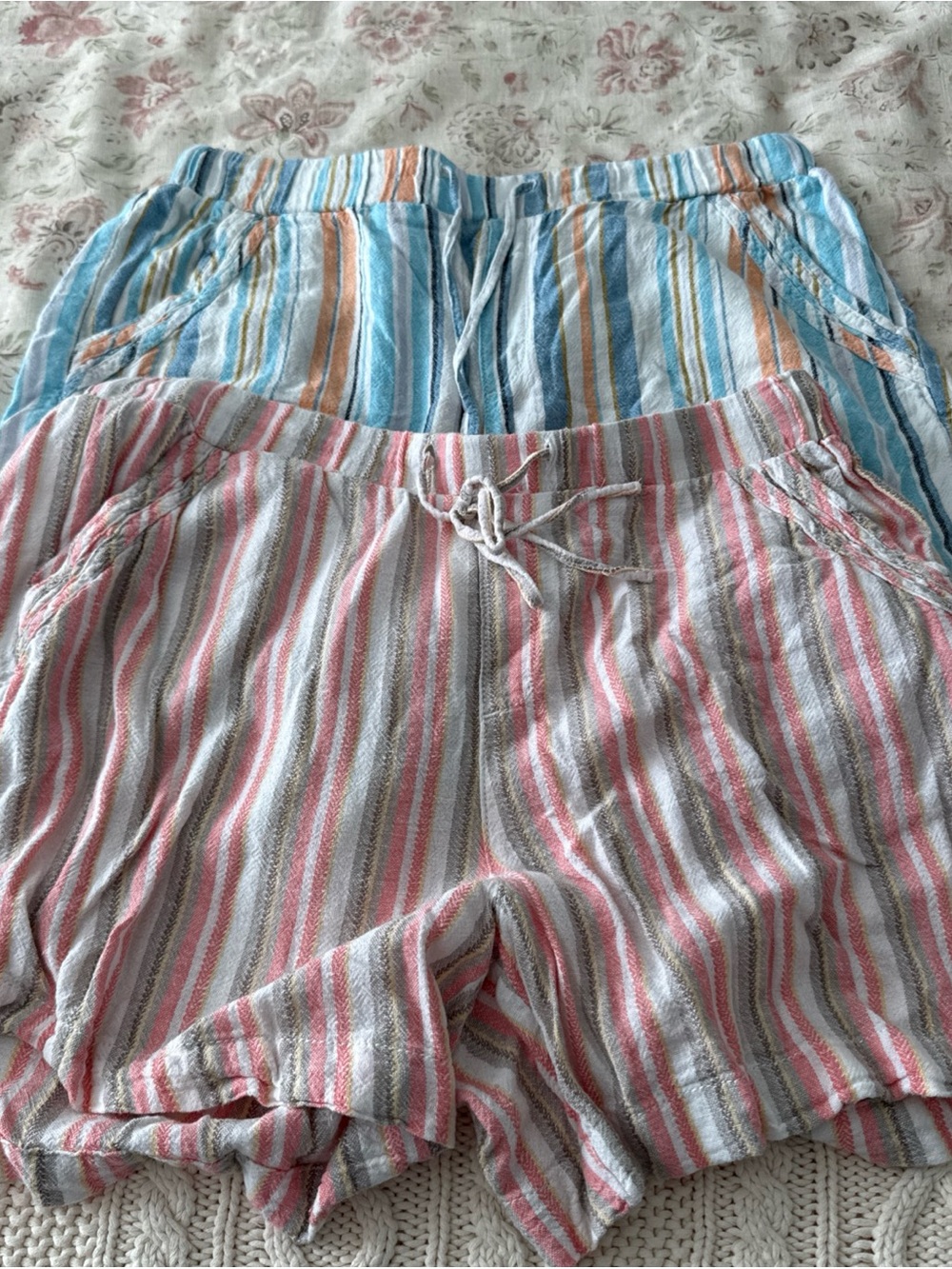 2 Briggs Women Blue/Orange & Pink/Brown Striped Linen Blend Drawstring Shorts L
